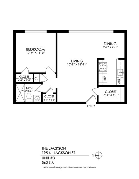 Floor plan for 1 bed, 1 bath, 565 sqft